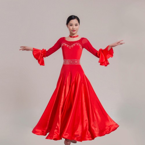 Custom size competition ballroom waltz dancing long dresses  for women female red wine green royal blue flamenco tango dancing long skirts